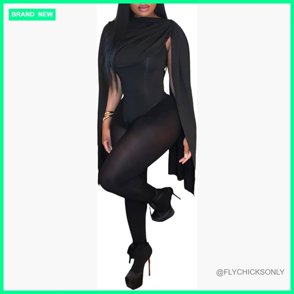 Stretchy Polyester Jumpsuit with Cowl Neck and Cape Sleeves